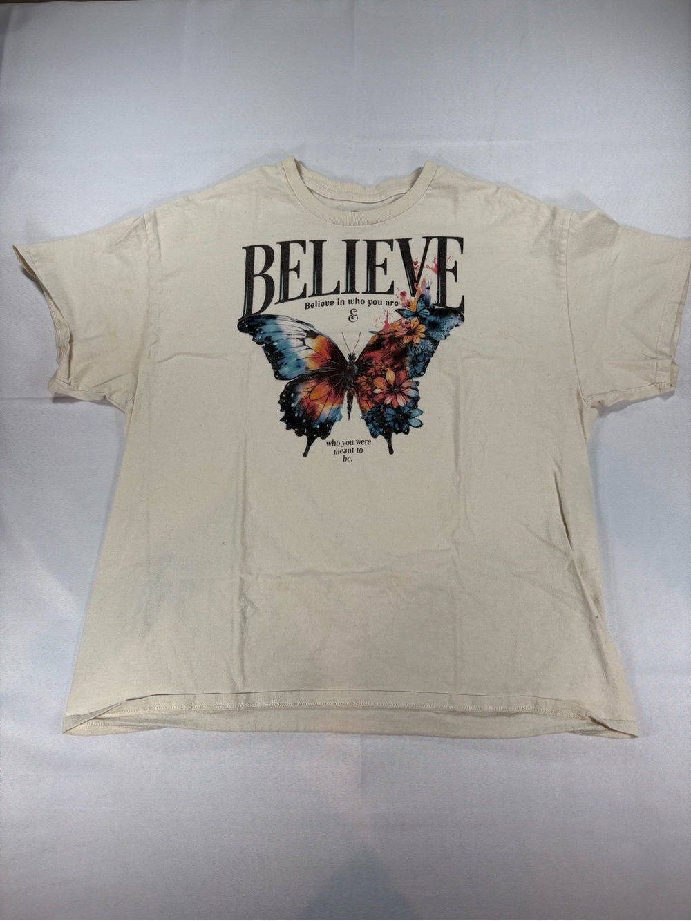 Believe Butterfly Floral Graphic Tee Cream Oversized XL